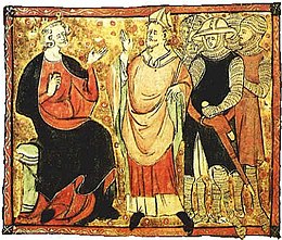 Illustration du manuscrit.  L'homme central porte des robes et une mitre et fait face à la figure assise à gauche.  L'homme assis porte une couronne et des robes et fait des gestes à l'homme mitré.  Derrière la silhouette en onglet se trouvent un certain nombre d'hommes debout portant une armure et des armes.