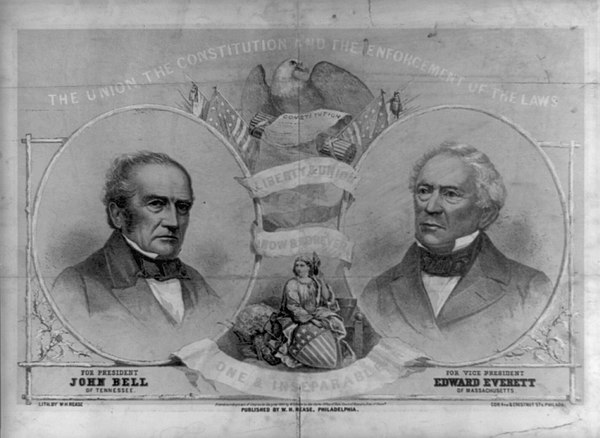 A Constitutional Union campaign poster for the 1860 election in which are shown John Bell (left), the presidential nominee; and Edward Everett, the vi