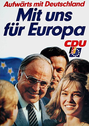 Election poster for the 1984 European Parliament election signs "Upwards with Germany, with us for Europe!"