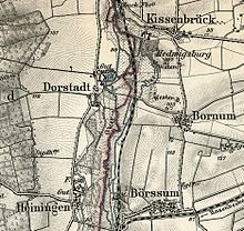 Ausschnitt aus der Landkarte von 1904: Deutlich erkennbar ist die Oker mit der Grenzmarkierung und östlich davon der Verlauf der Ilse, der sich nördlich von Bornum (Börßum) mit dem heutigen Verlauf der Alten Ilse deckt.