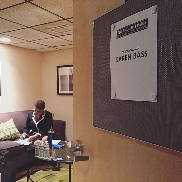 File:Karen Bass in green room - Bill Maher.jpg