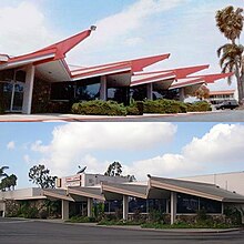 Kona Lanes before (top) and after a remodel taming its "ostentatious rooflines" (Scott Martelle, Los Angeles Times) Kona comparison.jpg