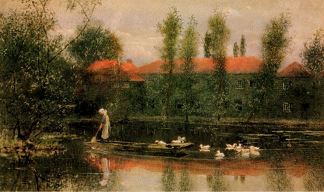 The Pond at Merton Abbey by Lexden Lewis Pocock is an idyllic representation of the works in the time of William Morris.