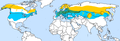 Global range. Yellow: summer only Green: all year Blue: winter only