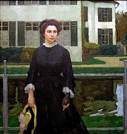 Frieda Blell. Portrait by her future husband, Leo Putz (1908) Leo Putz - Frieda Blell vor dem Schloss Planegg, 1907.jpg