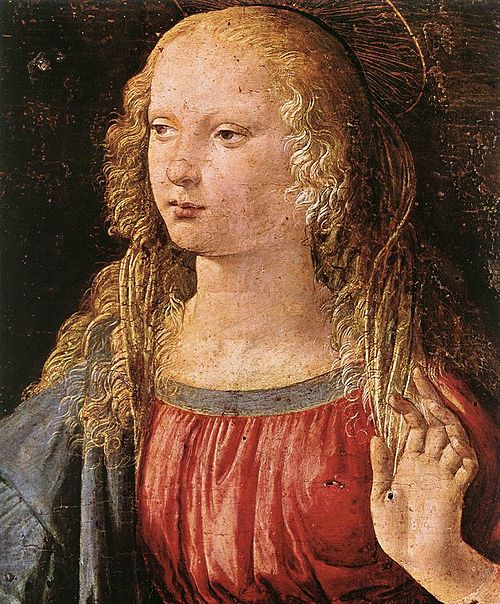 Maria według Leonarda da Vinci. Fragment obrazu Zwiastowanie