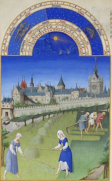 קציר המספוא מסמל את חודש יוני בספר השעות של ז'אן, דוכס ברי מהמאה החמש עשרה