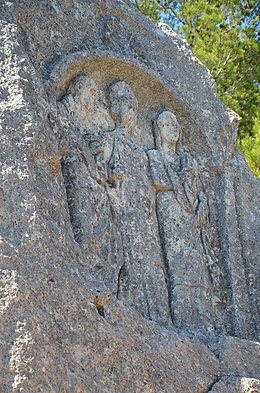 Les Trémaïé, bas-relief carved out from rock-cut hill depicting hows three Roman characters, it may represent Caius Marius and his wife Julia (14781048976).jpg