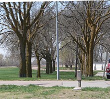 Route of the Lincoln Highway through Duncan. The concrete marker in the right foreground points toward the avenue of hackberry trees through which the highway passed. Lincoln Highway, Duncan, Nebraska from NE 2.JPG