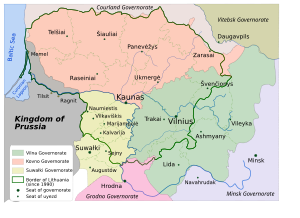 Modern Lithuania with the former Russian Empire's administrative divisions (governorates) shown (1867-1914). Lithuania-1867-1914-EN.svg