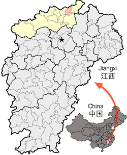 Lage des Landkreises Hukou (rot) in der Stadt Jiujiang (gelb) und in Jiangxi