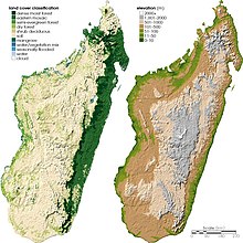 Land coverage (left) and topographical (right) maps of Madagascar Madagascar topo.jpg
