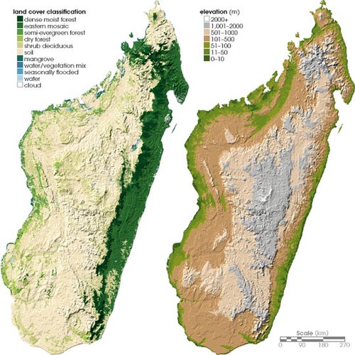 Land cover (left) and topography (right) of Madagascar.