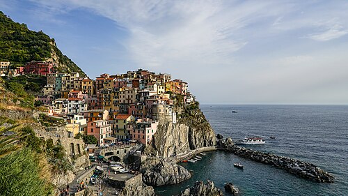 Manarola village, harbour and hillside. Cinque Terre, Liguria, Italy