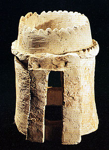 Adobe Ceramic maquette model of a tower. Dated 13th century BCE. Excavated at Chogha Zanbil, Iran. Maquette ancient iran.jpg