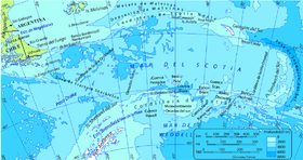 Mappa del mare di Scozia delimitato dai vari arcipelaghi delle Antille meridionali.