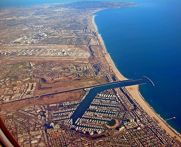 Aerial view of Marina del Rey, with Los Angeles International Airport and Palos Verdes Peninsula in the background