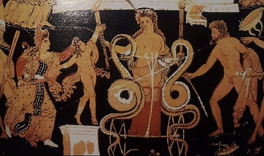 Helios, riding on a snake-drawn chariot, witnesses Medea killing her son on an altar, red-figure krater, detail, attributed to the Underworld Painter, circa 330 - 310 BC, Staatliche Antikensammlung, Munich.