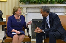 Bachelet with U.S. President Barack Obama, 30 June 2014 Michelle Bachelet & Barack Obama 2014.jpg