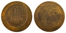 Uniface die trial of the reverse, in the National Numismatic Collection NNC-1924-50C-Huguenot-Walloon Tercentenary half dollar (reverse, uniface die trial).jpg