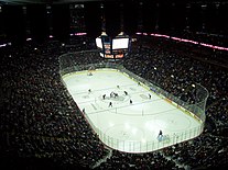 Mecz hokejowy Columbus Blue Jackets i Boston Bruins przy pełnej frekwencji (2006; widoczne wysokie sieci ochronne)
