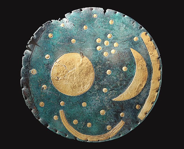 The solar disk, crescent Moon and stars as shown on the Nebra sky disk (c. 1600 BC)