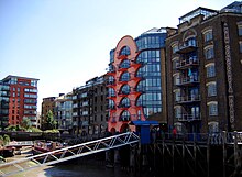 The east end of the Shad Thames area. The pink building is China Wharf New Concordia Wharf - Shad Thames 4887989938.jpg