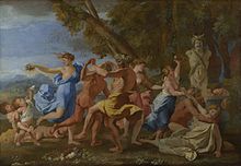 A Bacchanalian Revel Before a Term of Pan, Nicolas Poussin, 1632-1633. Etty was a great admirer of Poussin, and The World Before the Flood is heavily influenced by his work. Nicolas Poussin - Bacchanal before a Statue of Pan - WGA18284.jpg