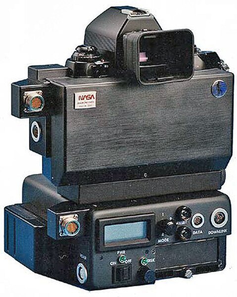 Nikon NASA F4 back view with Electronics Box, launched on STS-48 September 1991