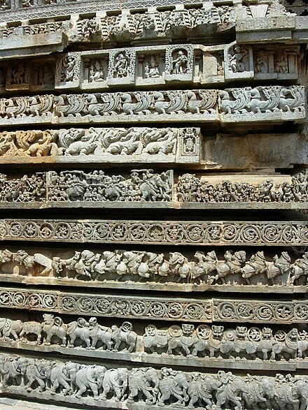 Frieze of animals, mythological episodes at the base of Hoysaleswara temple, India
