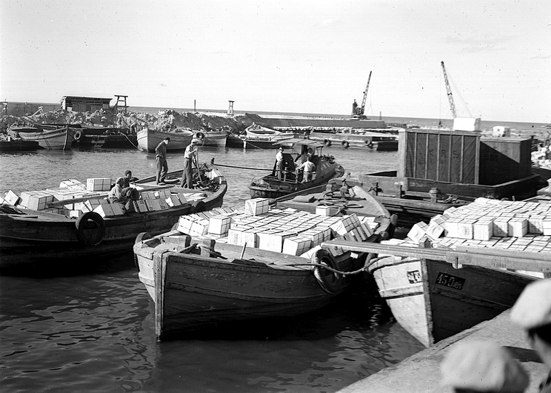 File:PORT WORKERS LOADING CRATES OF ORANGES AT THE TEL AVIV PORT. פועלים מעמיסים ארגזי תפוזים בנמל תל אביב.D403-012.jpg