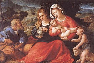Holy Family with the Infant Saint John the Baptist and Saint Mary Magdalene (1508-1512) by Palma Vecchio Palma Vecchio-Holy Family with St. John - Uffizi.jpg