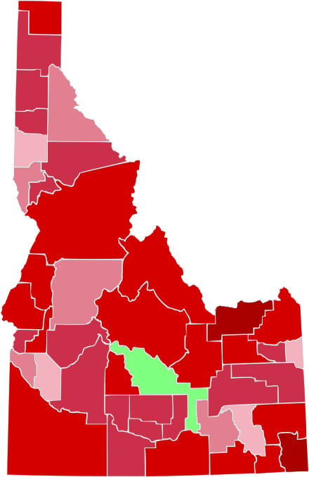 Party registration by Idaho county (January 2023):   Republican >= 40%   Republican >= 50%   Republican >= 60%   Republican >= 70%   Republican >= 80%   Unaffiliated >= 40%