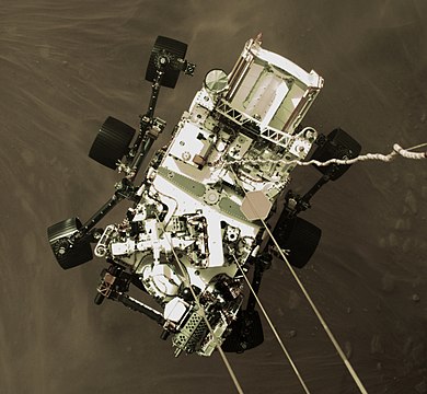 Perseverance rover during Mars skycrane landing, February 2021