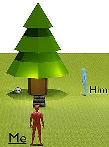 Visual Perspective Taking. VDP1: From his perspective, the ball is not visible. VDP2: The woodpile is on the left of the tree. Perspectivetaking.jpg