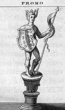 Perun ("Thunder"), spelled "Prono", in an illustration from the L'Antiquite expliquee et representee en figures, Montfaucon, France, 1722. Prono (Montfaucon 1722).jpg