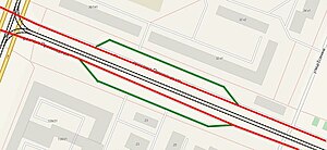 Classical side roads (Russian: карманы) in Saint Petersburg. Red lines represent main carriageways, green lines represent side roads, tagged with side_road=yes