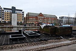 New planters for trees and an original structure at the site of ongoing renovations at Queen's Gardens in Kingston upon Hull.