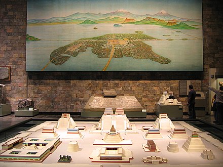 A picture of Tenochtitlan and a model of the Templo Mayor at the National Museum of Anthropology of Mexico City