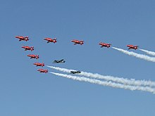 The Red Arrows in formation with two Supermarine Spitfires at RIAT 2005 RedArrows01.jpg