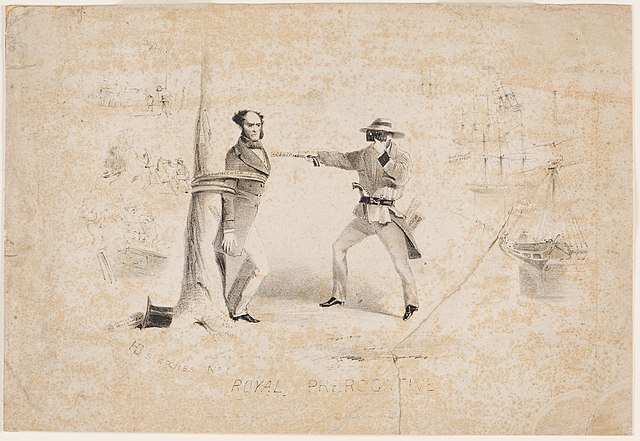 The Convicts' Protection Act, an act of the first legislative council, overriden by royal prerogative. The image depicts Sir Charles Hotham, bound wit