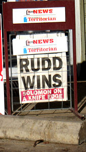 Front page of the Northern Territory News announcing Rudd's win, 25 November 2007 RuddWins.jpg