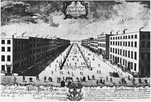 Gravering fra det 18. århundrede, der viser et perspektivbillede af en gade, foret med to-etagers huse, med i midten en firkant omkranset af lave mure toppet med lygtepæle.