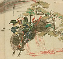 Takezaki Suenaga enfrentando flechas mongóis e bombas típicas contendo pólvora (detalhe, c. 1293), Rolo de pintura da história das Invasões do Japão pelos Mongóis, Mōko Shūrai Ekotoba, Museu das Coleções Imperiais, no Kōkyo, Tóquio