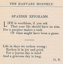 Poem by George Santayana from Vol.1, No.4 The Harvard Monthly, January 1886 Santayana Poem 1886.jpg