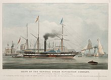 GSN ships off Brunswick Wharf, Blackwall in 1840 Ships of the General Steam Navigation Company, off Brunswick Wharf, Blackwall. The Clarence of 800 Tons, leaving for Leith, The Leith of 1000 Tons arriving from Leith - The Columbine, of 500 Tons, with her Majesty's RMG PY8846.jpg