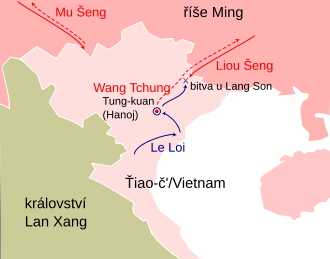 Schematická mapa severního Vietnamu s vyznačeno tažení Le Loie z jihu do delty Rudé řeky, podél řeky k Hanoji a na severovýchod k hranici kde se střetla v bitvě u Lang Son s přicházející mingskou armádou. Vyznačem i postup další mingské armády ze severozápadu k čínsko-vietnamským hranicím a její návrat po zmíněné bitvě a ústup mingské posádky z Hanoje.