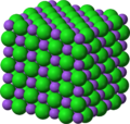 Food processing: An atomic view of table salt. Purple particles are sodium (Na), and green particles are chlorine (Cl).