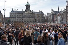 Thousands of protesters at Dam Square in Amsterdam on 1 June in response to the murder of George Floyd Solidarity Protest Against Anti-black violence in the US and EU DSC02745.jpg