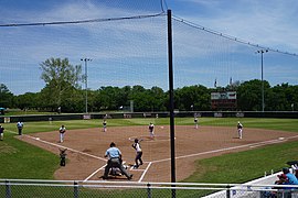 The Pioneers softball team in action against the Texas A&M–Commerce Lions in 2018
